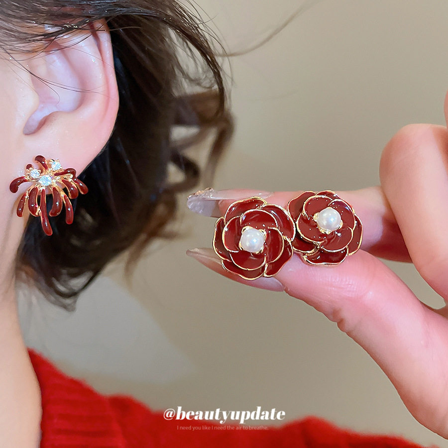 银针新年红色花朵珍珠耳钉港风复古气质高级感耳环轻奢小众耳饰女,饰品/流行首饰/时尚饰品新,银饰耳饰,淘宝优惠券,粉丝福利购,淘宝优惠卷