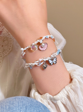 新中式复古扇贝编织绳手链女轻奢小众高级感抽拉式手饰品