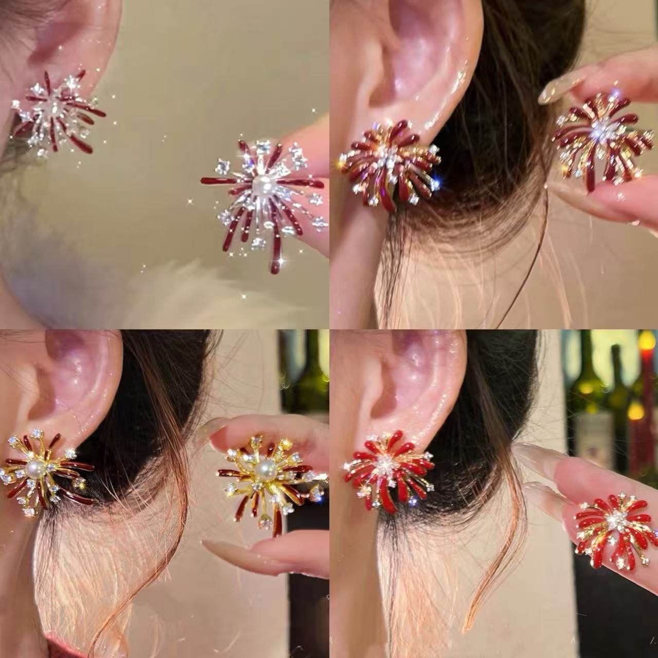 银针新年红色锆石烟花珍珠耳钉复古气质百搭耳环轻奢高级感耳饰女,饰品/流行首饰/时尚饰品新,银饰耳饰,淘宝优惠券,粉丝福利购,淘宝优惠卷