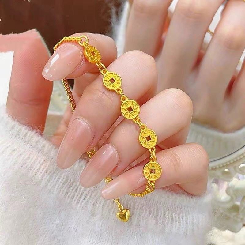 古法沙进斗金铜钱手链镂空钱币链条手串高级感送女友手饰