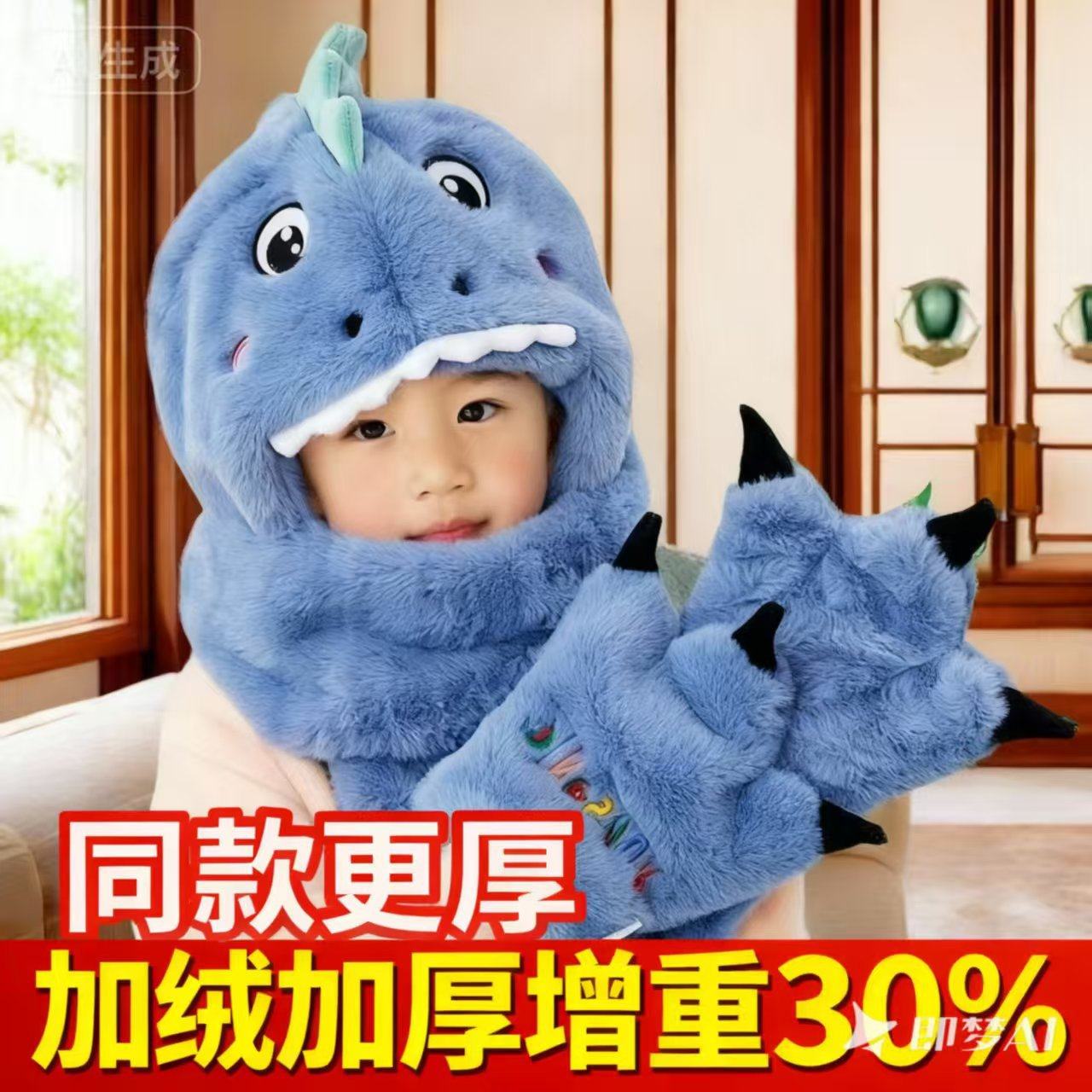 恐龙帽子围巾一体儿童冬季加绒三件套男女童防寒手套宝宝保暖帽子,服饰配件/皮带/帽子/围巾,三件套,淘宝优惠券,粉丝福利购,淘宝优惠卷
