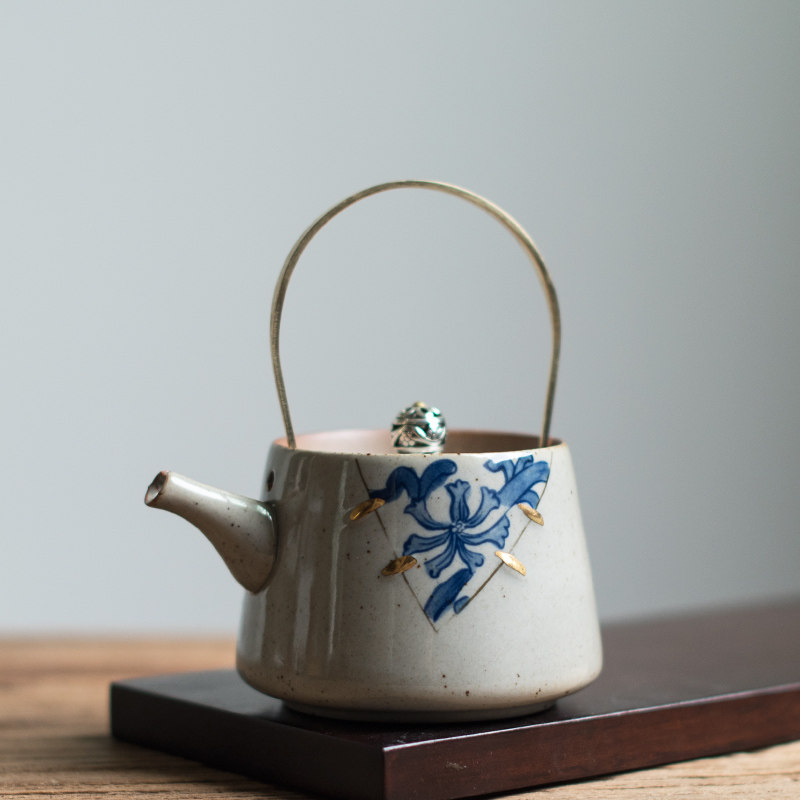 仿古金缮青花小号提梁壶 焗瓷小茶壶功夫茶具复古家用铜把泡茶焗