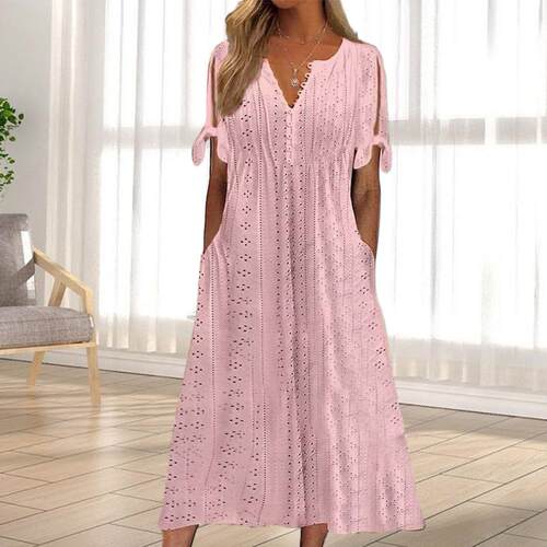 Women Summer Dress Solid Color Hollow Out Short Sleeves V