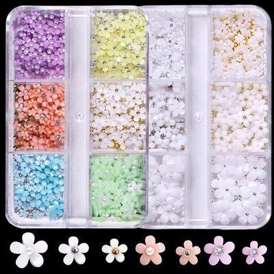 Hot Selling 6 Grids Macaron 3D Resin Five-petal Flowers Nail