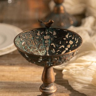 侘寂风铁艺高脚果盘仿古铜玄关装饰摆件民宿复古高级感托盘鸟食盆