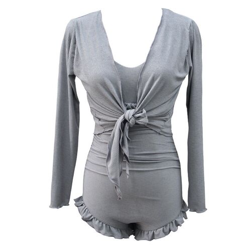 Sexy Backless Solid Color Vneck Long Sleeve Slimming Onepiec