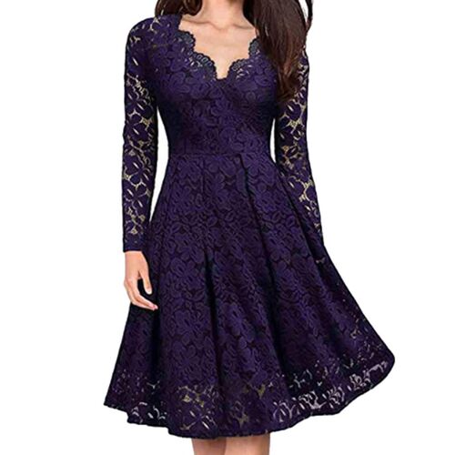 Retro Women Dresses Lace Floral V Neck Long Sleeve Tight
