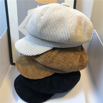 Solid vintage corduroy octagon for women Korean beret