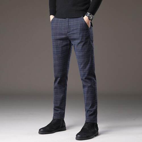 Spring 2025 Mens Cotton Linen Plaid Casual Pants Youth Slim