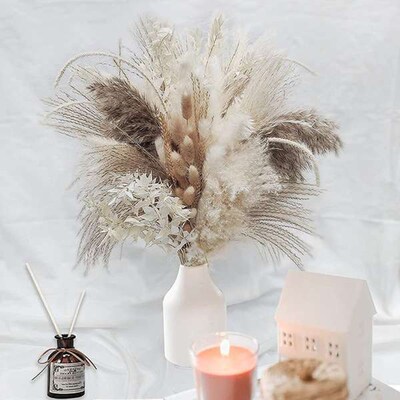 80pcs Dry Pampas Grass Bouquet Boho Decor Fluffy Artificial