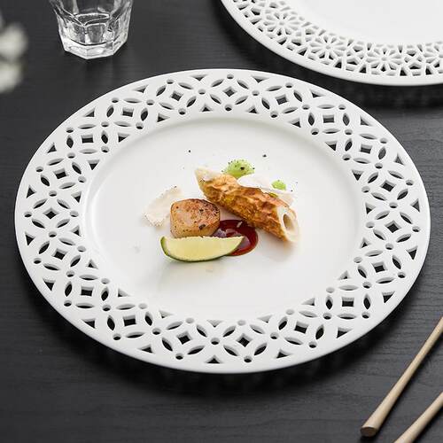White Hollow Ceramic Flat Plate Dining Plate Pasta Dish
