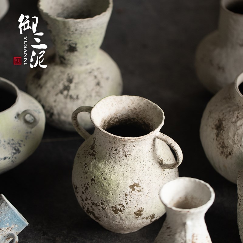 御三泥复古风干花花器陶瓷插鲜花摆件粗陶玄关客厅民宿可水培花瓶