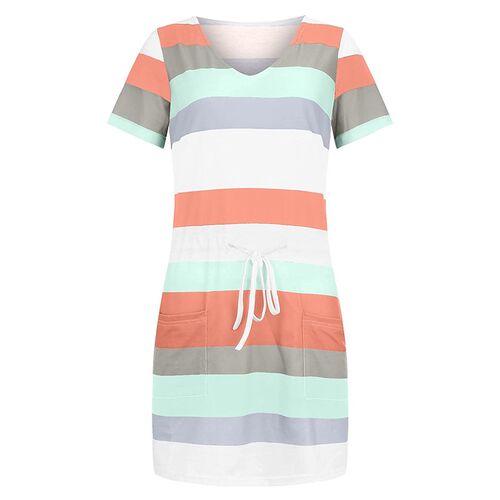 Women Drawstring Striped Print Dress Summer Female V Neck