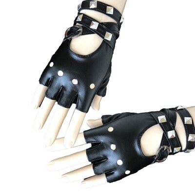 Unisex Fingerless Driving PU Leather Gloves Motor Cool Rivet