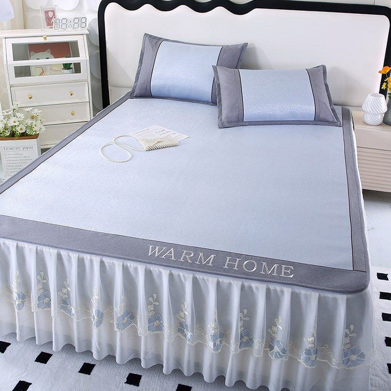 202新款高档类抗菌刺绣冰丝席三件可拆卸洗床裙款空调软席子,床上用品,冰丝席,淘宝优惠券,粉丝福利购,淘宝优惠卷