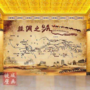 丝绸之路地图沙漠壁画历史古代文化贸易壁纸怀旧路线餐厅背景墙纸