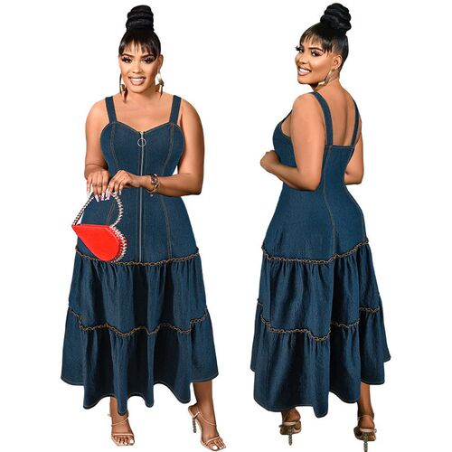 218500 Plus Size Womens Sleeveless llar Sling Long Denim Dr