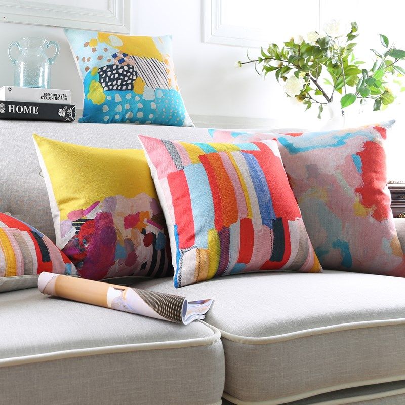 松果屋 水彩色块几何沙发抱枕 水墨抽象艺术棉麻装饰靠垫靠枕腰靠,居家布艺,靠垫/抱枕,淘宝优惠券,粉丝福利购,淘宝优惠卷