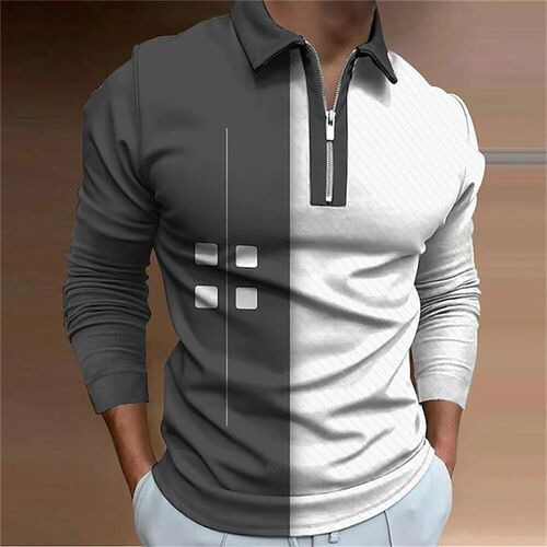 Patchwork Pattern Print Polo Shirt for Men Ventilate Lapel