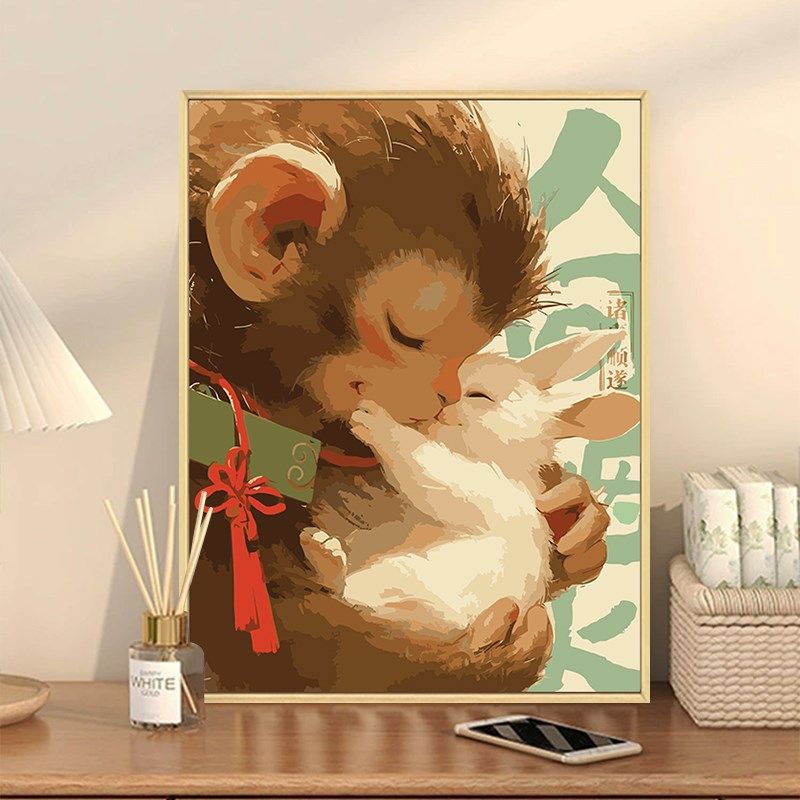 亲子十二生肖抱抱数字油画diy填充涂色手工绘国风丙烯油彩装饰画,家居饰品,DIY/数字油画,淘宝优惠券,粉丝福利购,淘宝优惠卷