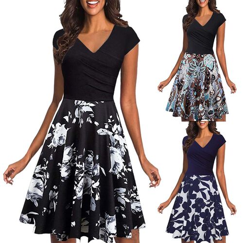 Sexy Midi Dress Summer  Women Prom V Neck Short Sleeve