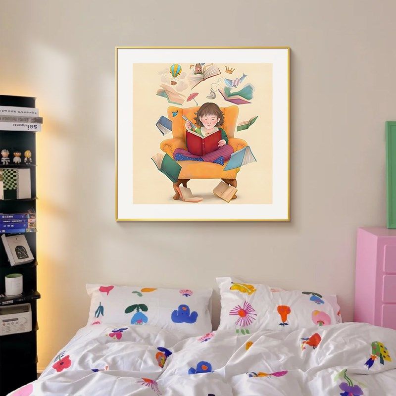 爱读书小孩儿童房装饰画男孩书房背景墙挂画创意女孩卧室床头壁画,家居饰品,现代装饰画,淘宝优惠券,粉丝福利购,淘宝优惠卷