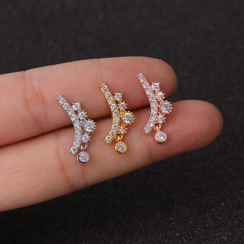 1Piece Curved Cz Cartilage Stud Helix Rook Conch Screw Back
