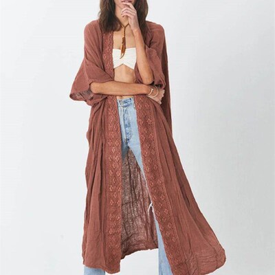 Beach Cover Up Women Kimono Lace Trim Bohemian Swimsuit Cape