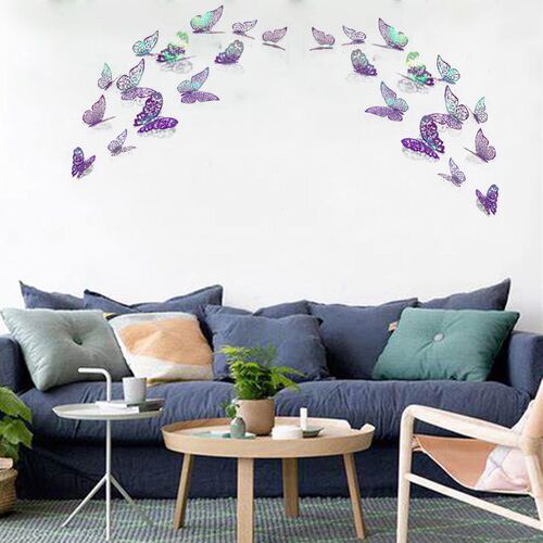 12Pcs 3D Butterflies Wall Stickers Hollow Purple Blue Butter