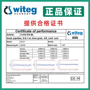 Witeg 德国 级 玻璃移液管 单标线大肚移液管0.5 1 2  3  5 10 20