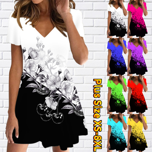Summer Fashion Knee-length Skirt V-Neck Casual Slim Dress