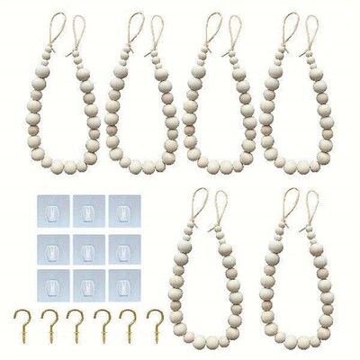 6Pcs Vintage Wooden Bead String Curtain Straps with Metal