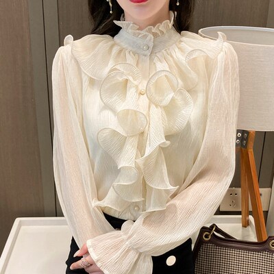 Korean Ruffles Stitching Elegant Lace Blouse Woman Stand