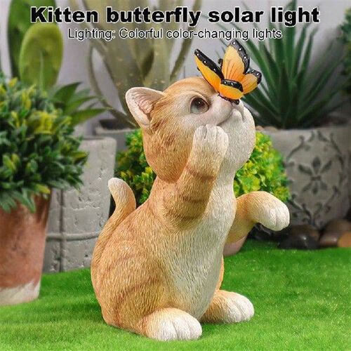 Color Change Kitten Statue with Butterfly Solar Lantern