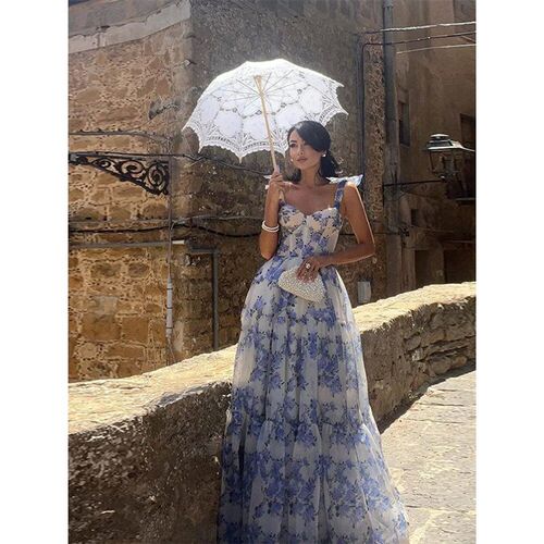 Elegant Printed Large Hem Evening Dress Women 2025 Retro