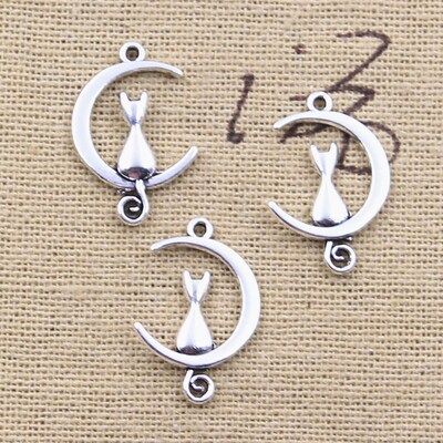 50pcs Charms Moon Cat 21x14mm Antique Silver Color Pendants