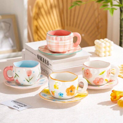 300ML Cute Hand Pinched Irregular Ceramic mug Flower Heart P