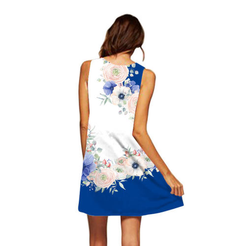 Woman Summer Dress Loose Sleeveless Flowers Printed Mini