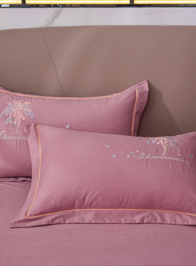 秋冬全棉纯色刺绣磨毛厚枕灰色蓝红宽边枕头8x7一对装