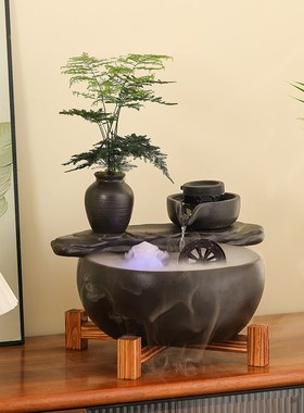 创意小型招财流水摆件循环水陶瓷缸陶罐装饰桌面造景山水古法鱼缸