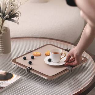 现代板简约胡桃木皮革方形形托盘置创意摆件桌面装物LVR饰品样圆