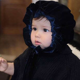 Hanakimi英国麒美红色丝绒婴儿宝宝防风帽百天波奈特生日礼物帽子