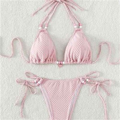ribbed swimwear halter swim pearls bathing bather female
