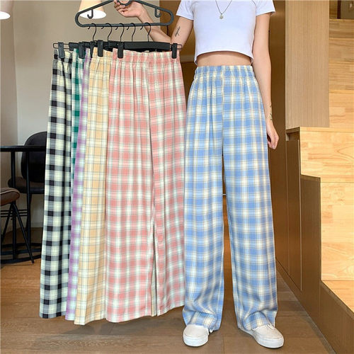 Vintage Plaid Women Pants High Waist Wide Leg Straight Pant