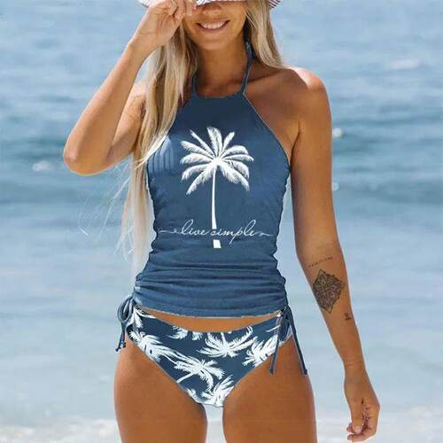 Womens Bathing Suit Coconut Drawstring Side Halter Neck Tan