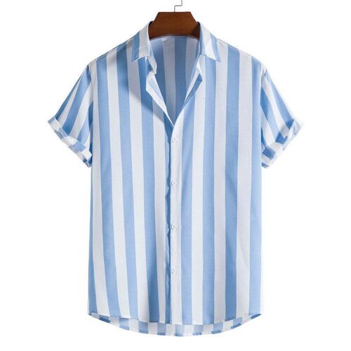 Digital Print Striped Hawaiian Collar Thin Short Sleeve Shir