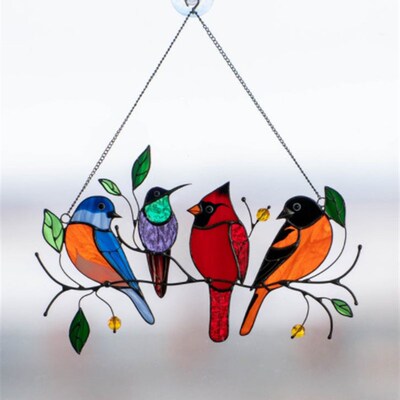 birds stained glass window hangings独立站家居装饰挂件小鸟