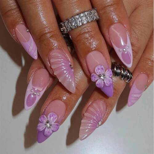 24PCS Fashionable 3D Carved Flower False Nails Retro Red Pol