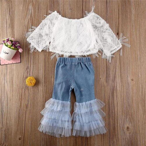 White Off Shoulder Blue Mesh Flared Pants Kids SetWhite One