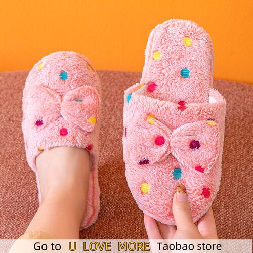 Womens Winter Home Slippers Cute Autumn Bow Warmth Thick Pl